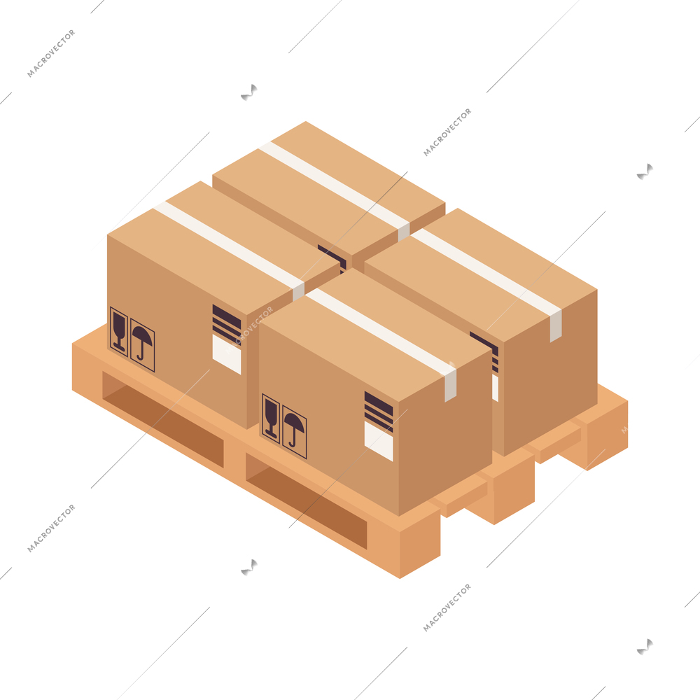 Warehouse isometric icon with four cardboard boxes on pallet vector illustration