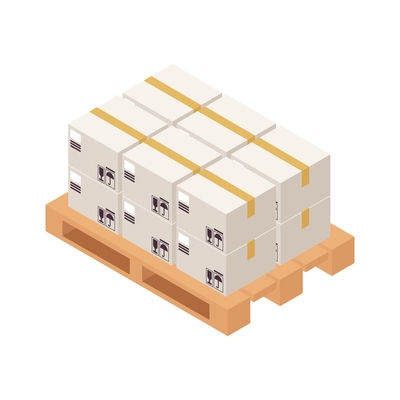 White cardboard boxes with fragile goods on wooden pallet 3d icon isometric vector illustration