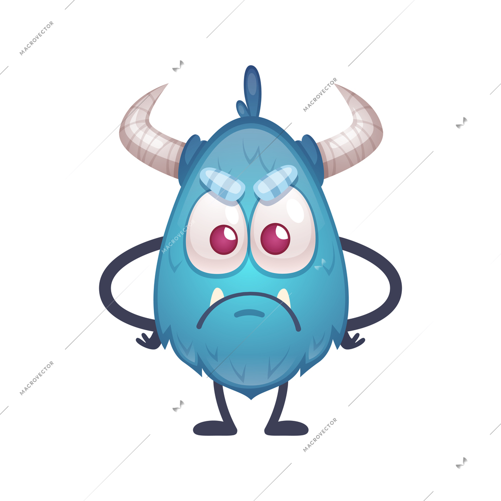 Sad offended beast of blue color with big eyes and horns cartoon icon vector illustration