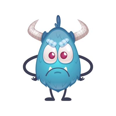 Sad offended beast of blue color with big eyes and horns cartoon icon vector illustration