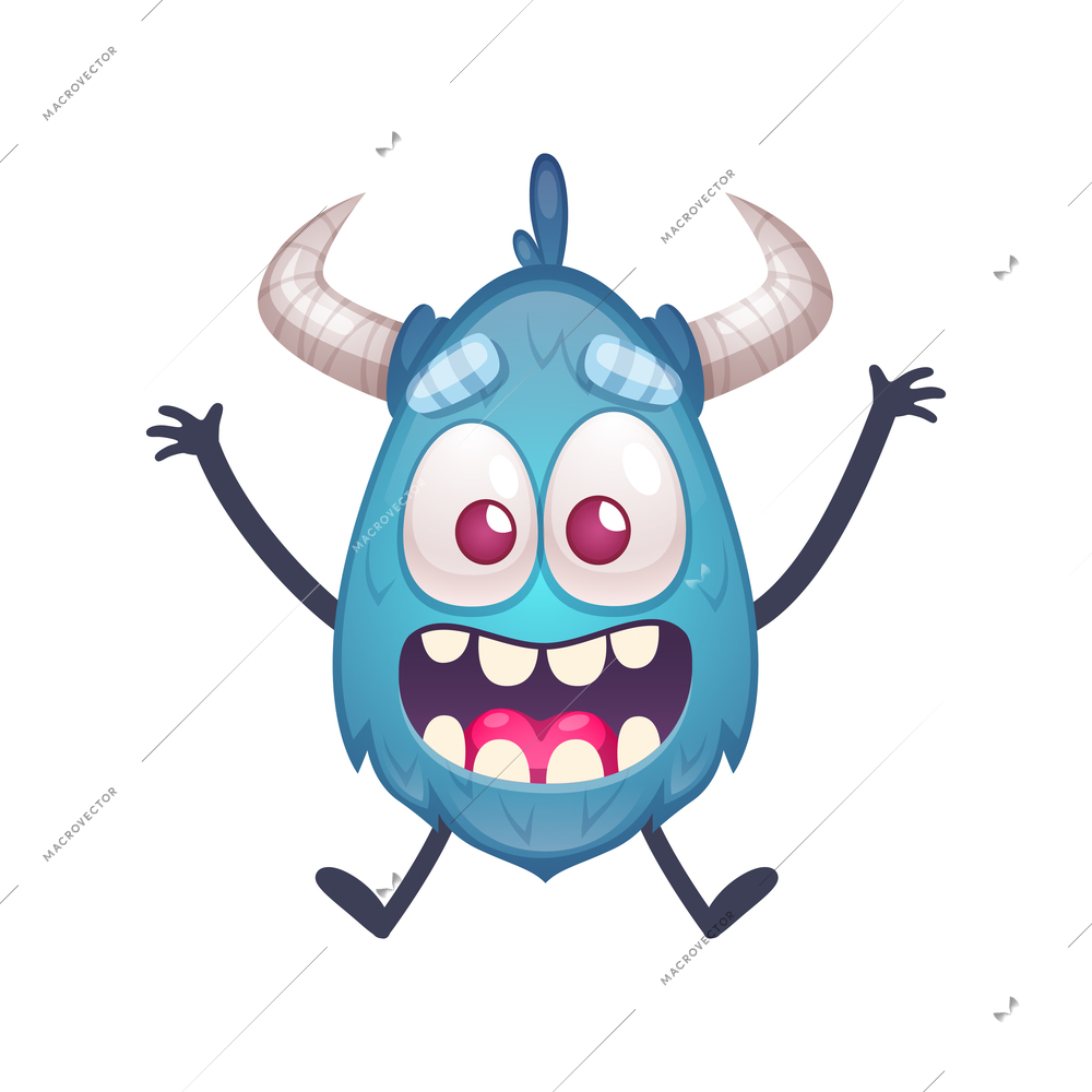 Cute jumping happy blue monster with horns cartoon vector illustration