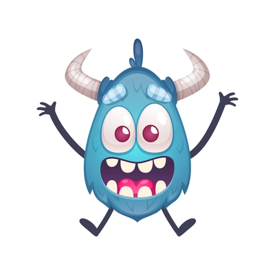 Cute jumping happy blue monster with horns cartoon vector illustration