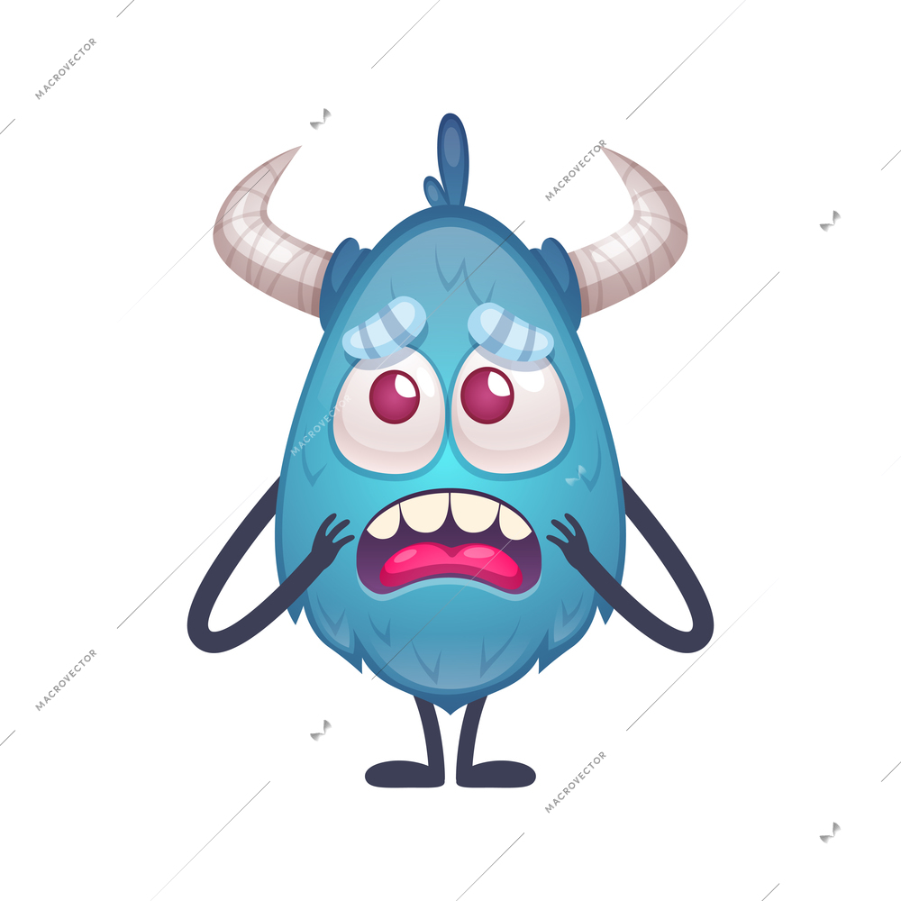 Upset blue cartoon monster character with horns and thin arms and legs vector illustration