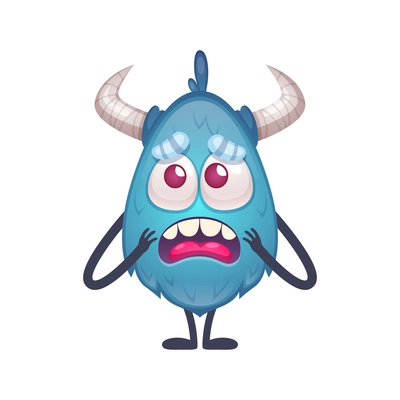 Upset blue cartoon monster character with horns and thin arms and legs vector illustration