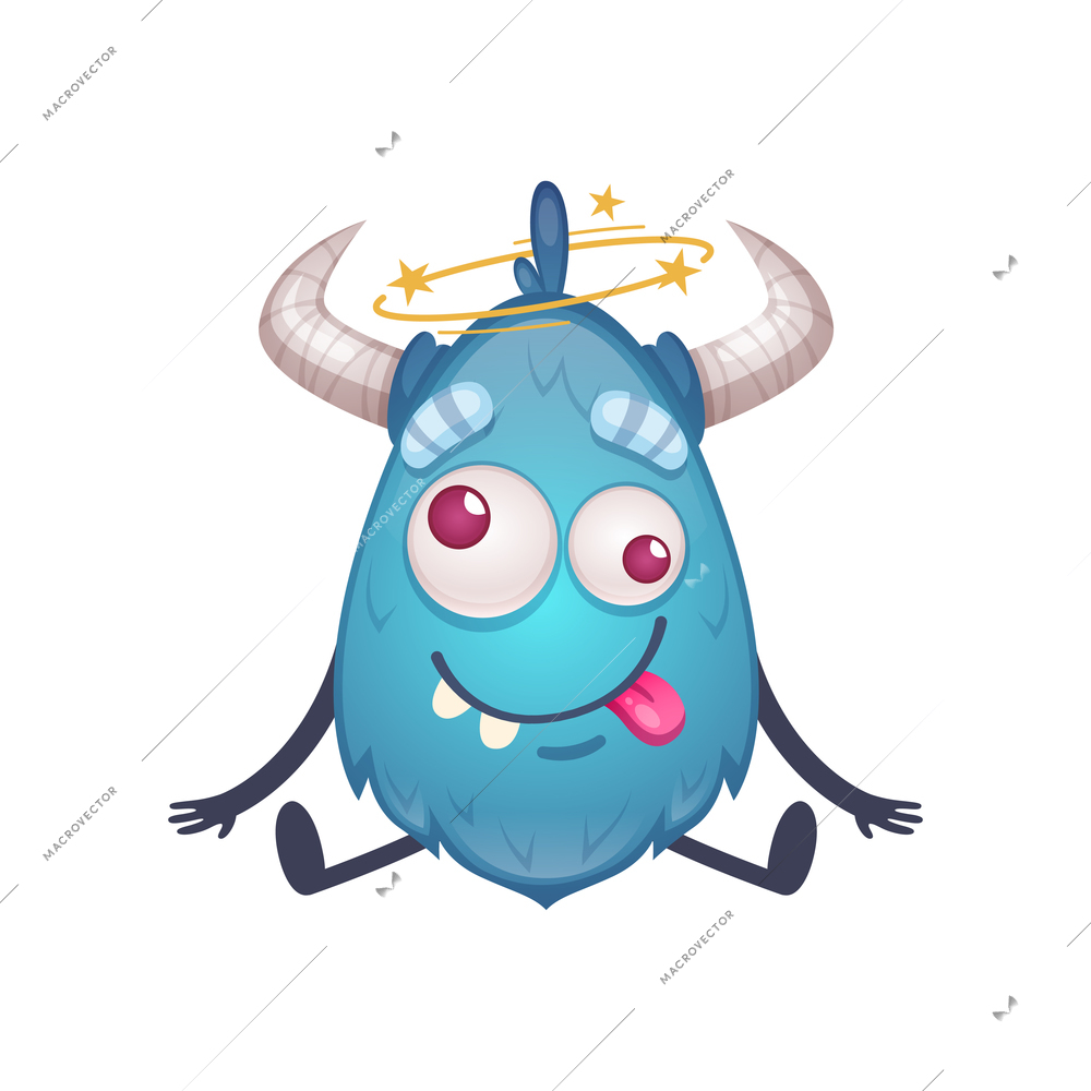 Cute cartoon creature of blue color with horns feel dizzy vector illustration