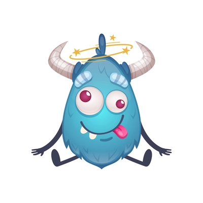 Cute cartoon creature of blue color with horns feel dizzy vector illustration