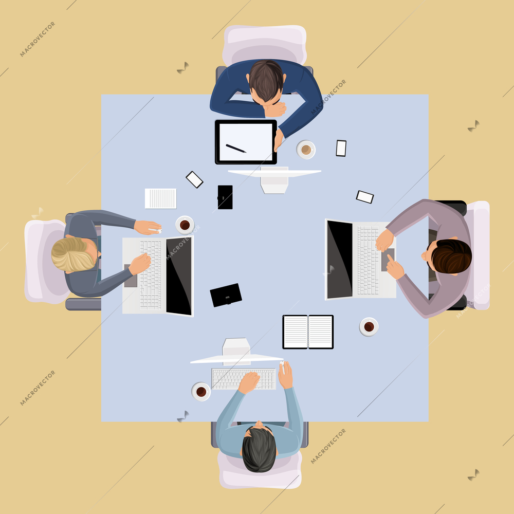 Business team meeting brainstorming concept top view group people on table vector illustration