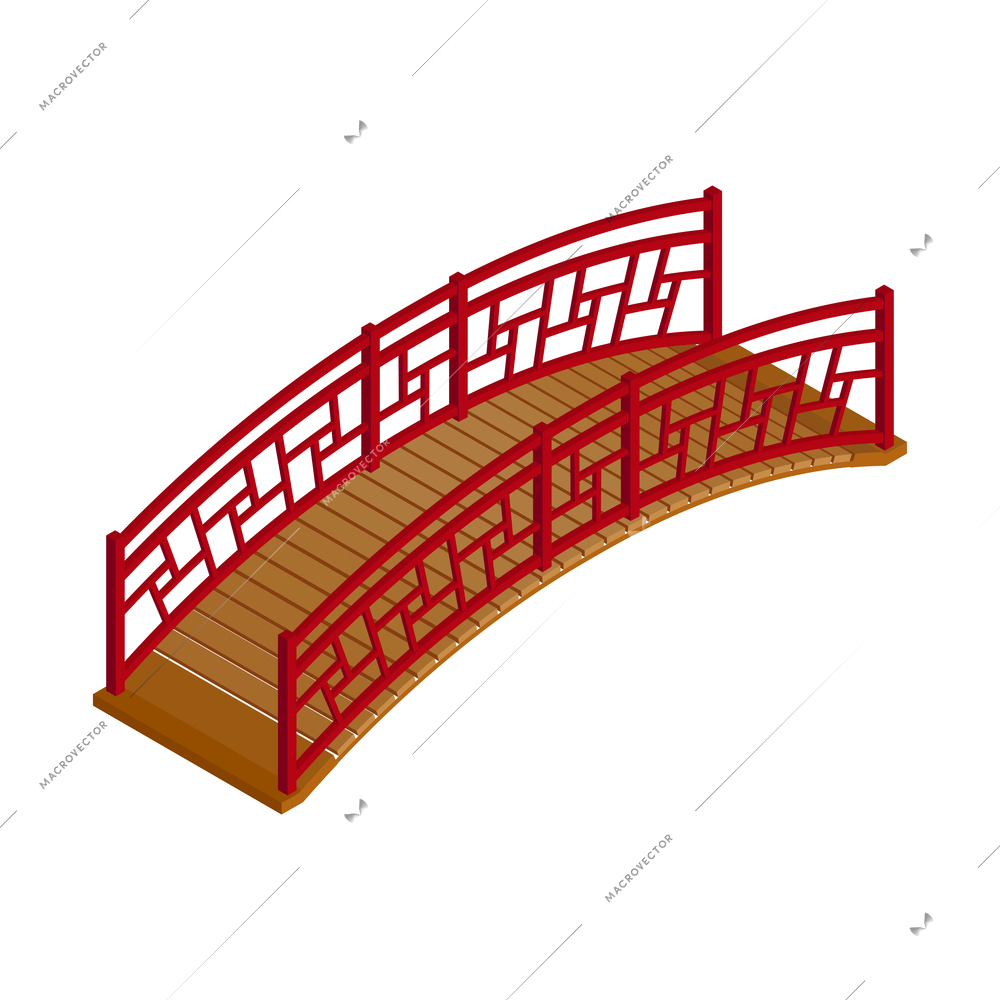 Wooden asian arched bridge on white background 3d isometric vector illustration