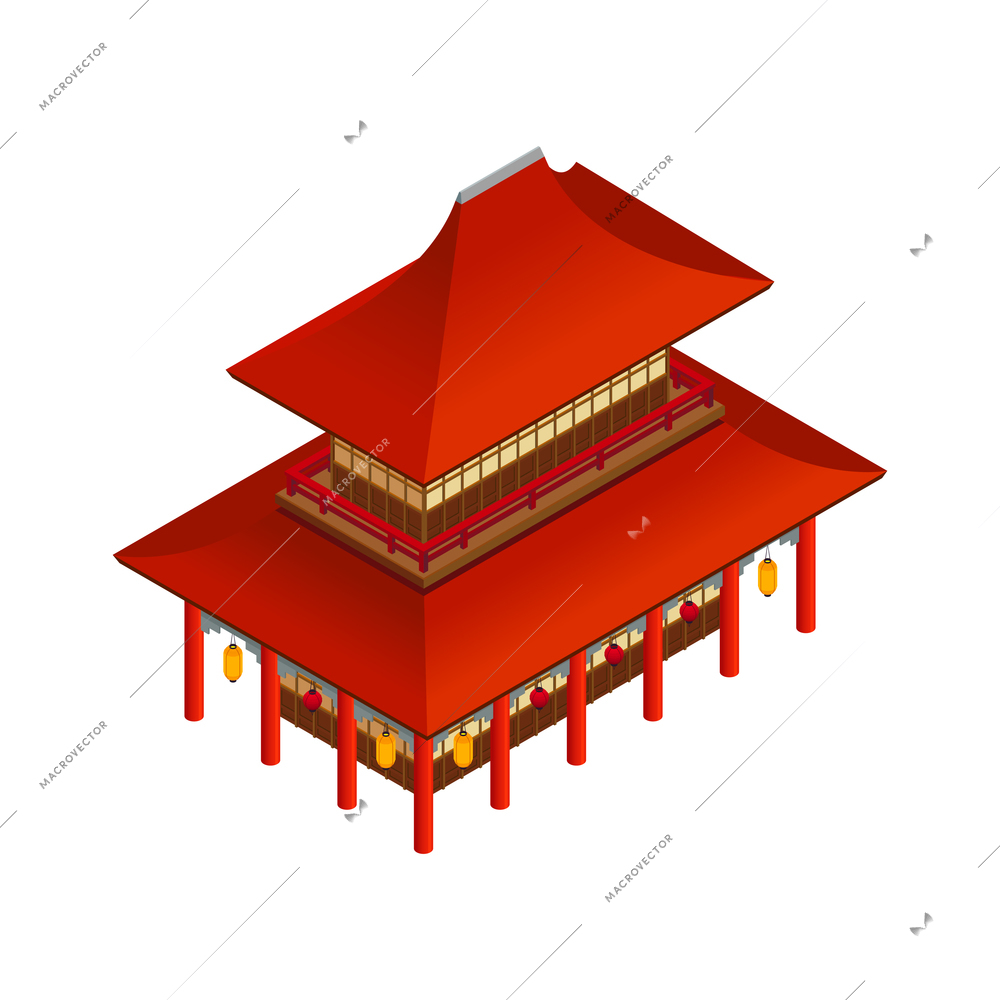 Chinese traditional temple building in red color isometric 3d vector illustration