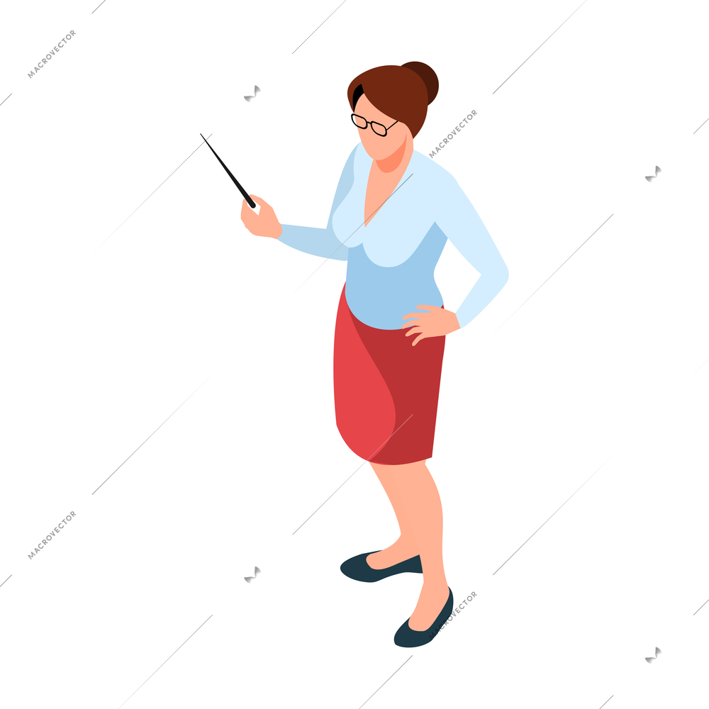 Woman teacher with pointer on white background isometric icon vector illustration