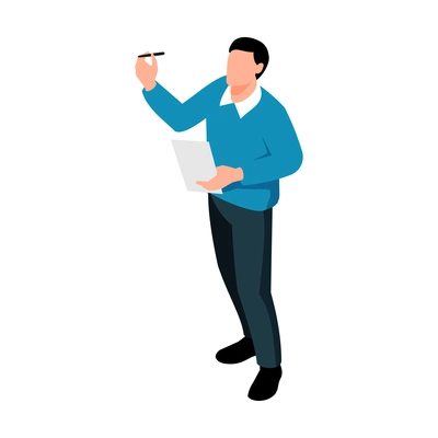 Isometric icon of male teacher with pen and paper in hand 3d vector illustration