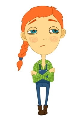 Sulky girl with braid and big eyes not smiling for print isolated vector illustration