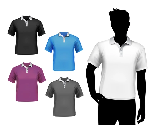 Colored polo fashion t-shirts male set with man body silhouette isolated vector illustration.