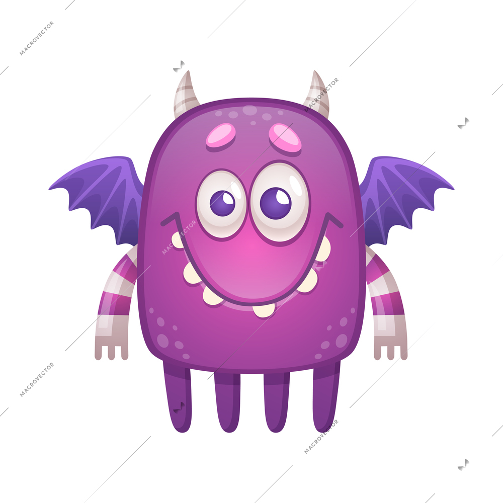 Cartoon icon with cute kind purple monster with wings and small horns vector illustration