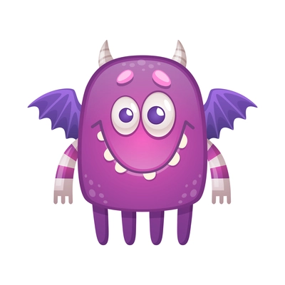 Cartoon icon with cute kind purple monster with wings and small horns vector illustration