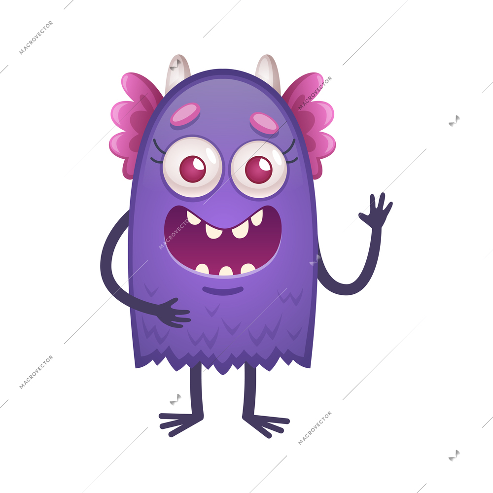 Cute smiling purple creature with big eyes on white background cartoon vector illustration