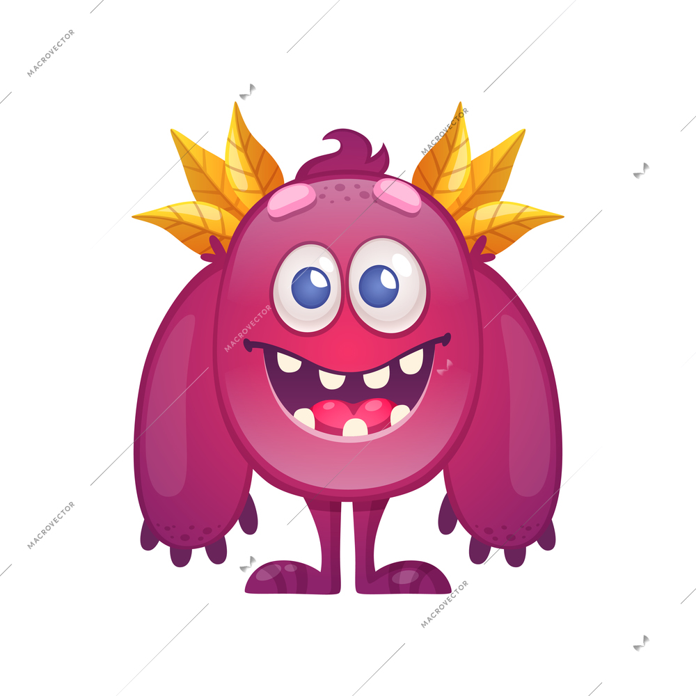 Cute colorful monster with big arms and leaves on head cartoon vector illustration