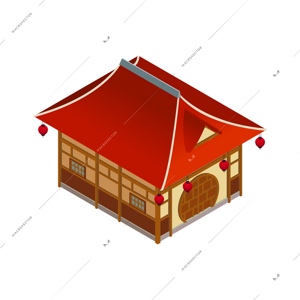 Isometric icon with building in traditional oriental style vector illustration