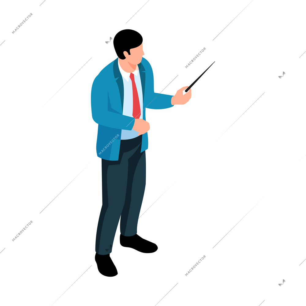 Man teacher in suit holding pointer isometric icon on white background 3d vector illustration