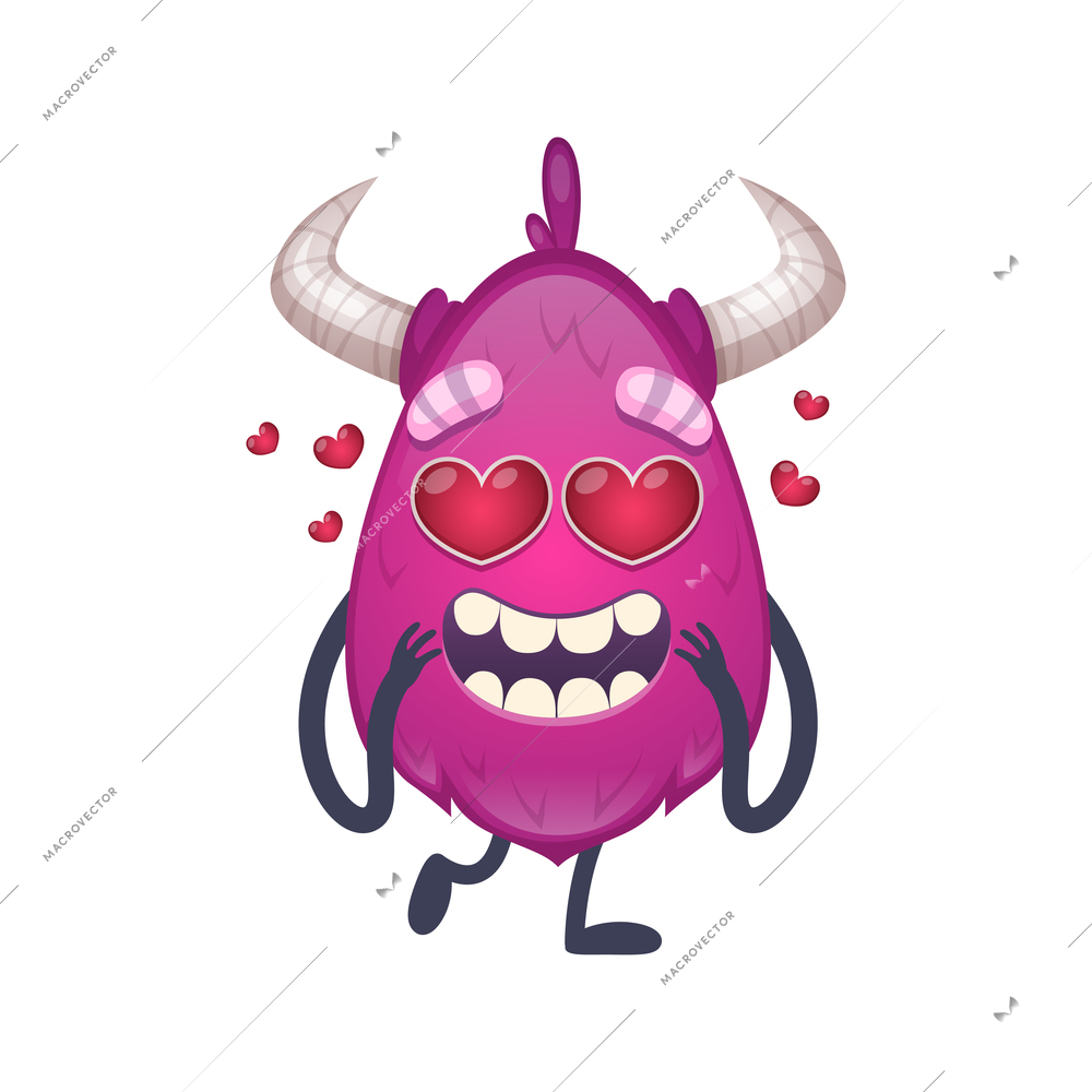 Cute cartoon monster with red hearts in love vector illustration