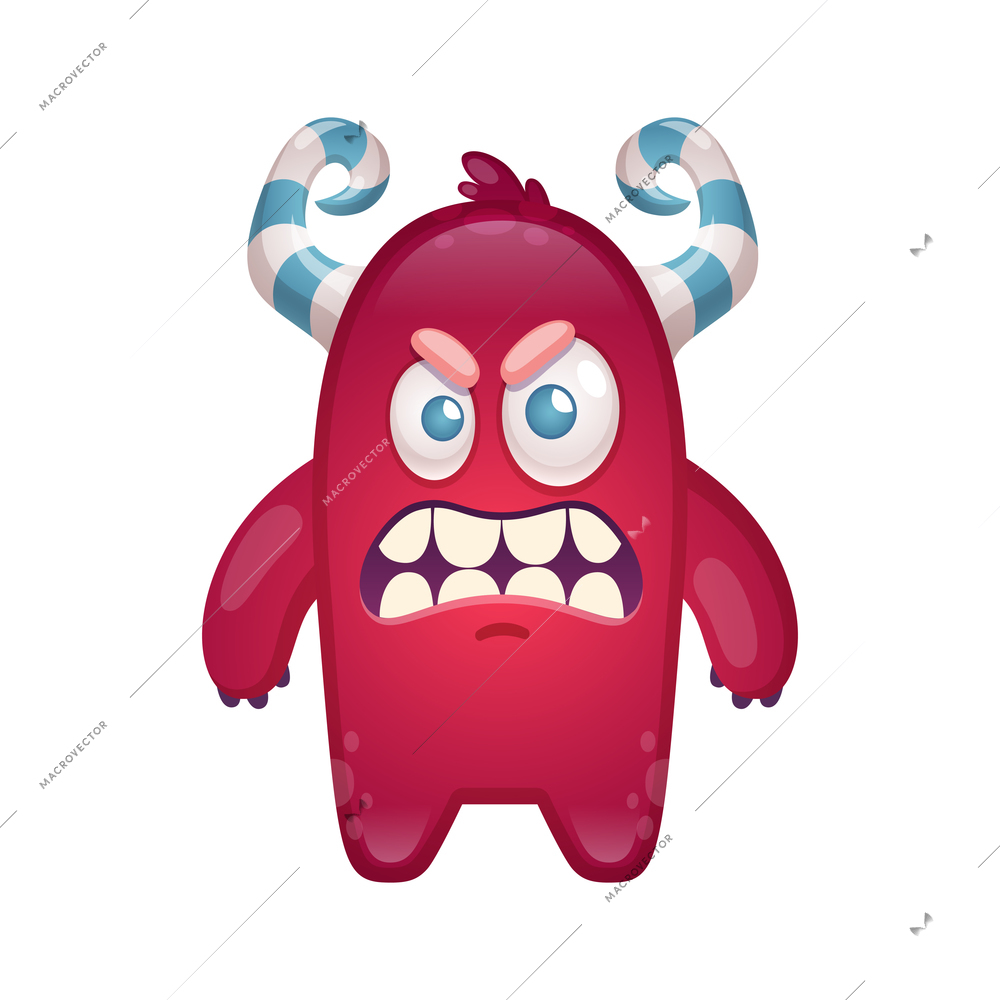 Small angry cartoon monster with big teeth and horns vector illustration