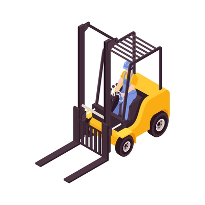 Isometric icon with worker in uniform driving warehouse forklift 3d vector illustration