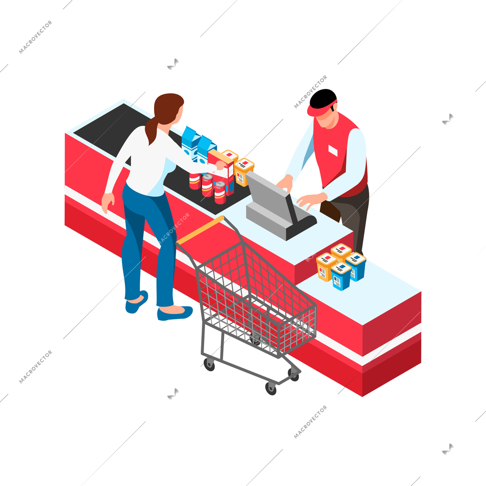 Isometric icon with woman putting products on conveyor belt at supermarket cashdesk 3d vector illustration