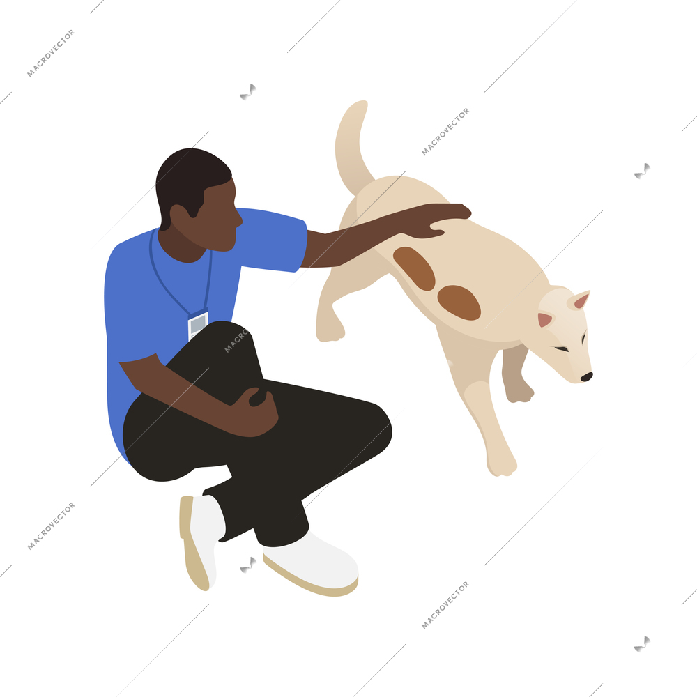 Charity isometric icon with male volunteer stroking big dog vector illustration