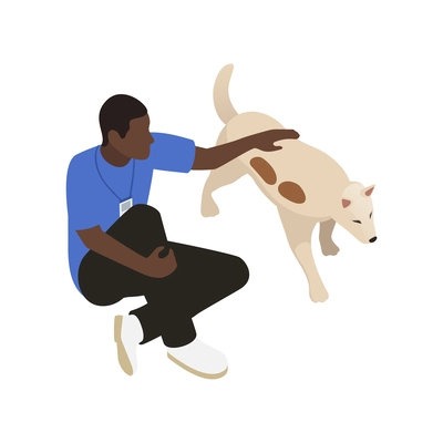 Charity isometric icon with male volunteer stroking big dog vector illustration