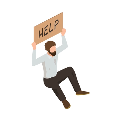 Isometric character of homeless man asking for help vector illustration