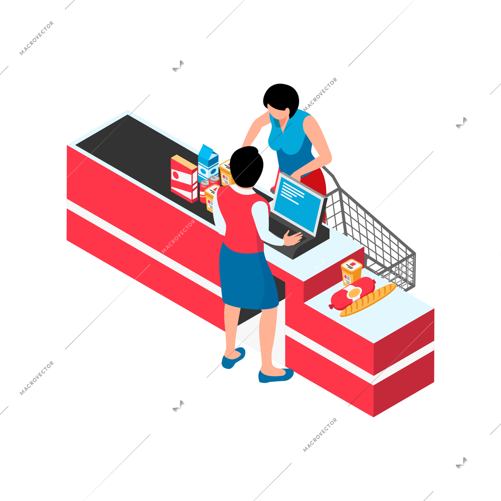 Isometric icon with back view of supermarket cashdesk cashier and customer vector illustration