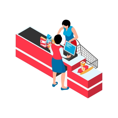 Isometric icon with back view of supermarket cashdesk cashier and customer vector illustration