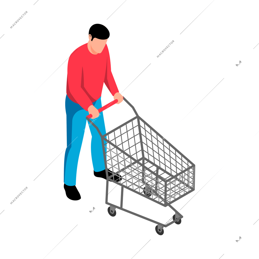 Isometric customer with empty trolley in supermarket on white background 3d vector illustration