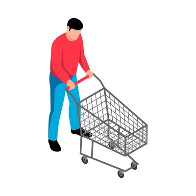 Isometric customer with empty trolley in supermarket on white background 3d vector illustration