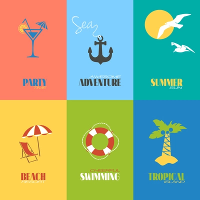 Summer time awesome adventure tropical island posters set isolated vector illustration