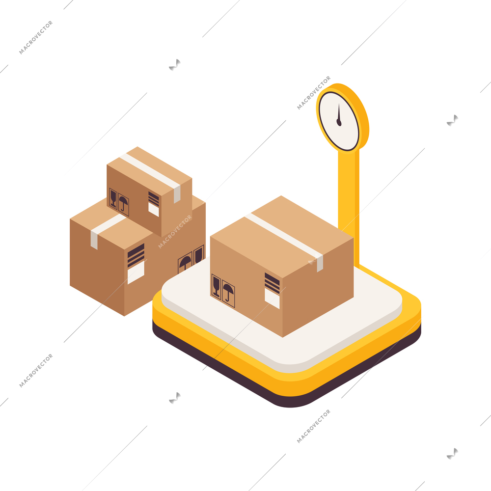 Isometric icon with warehouse scales and three boxes of different size on white background vector illustration