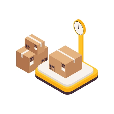 Isometric icon with warehouse scales and three boxes of different size on white background vector illustration