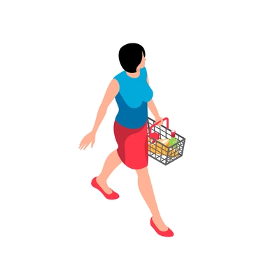 Supermarket customer walking with shopping basket on white background isometric vector illustration