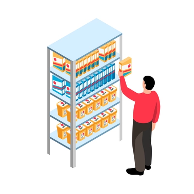 Isometric supermarket icon with 3d character taking carton from shelf vector illustration