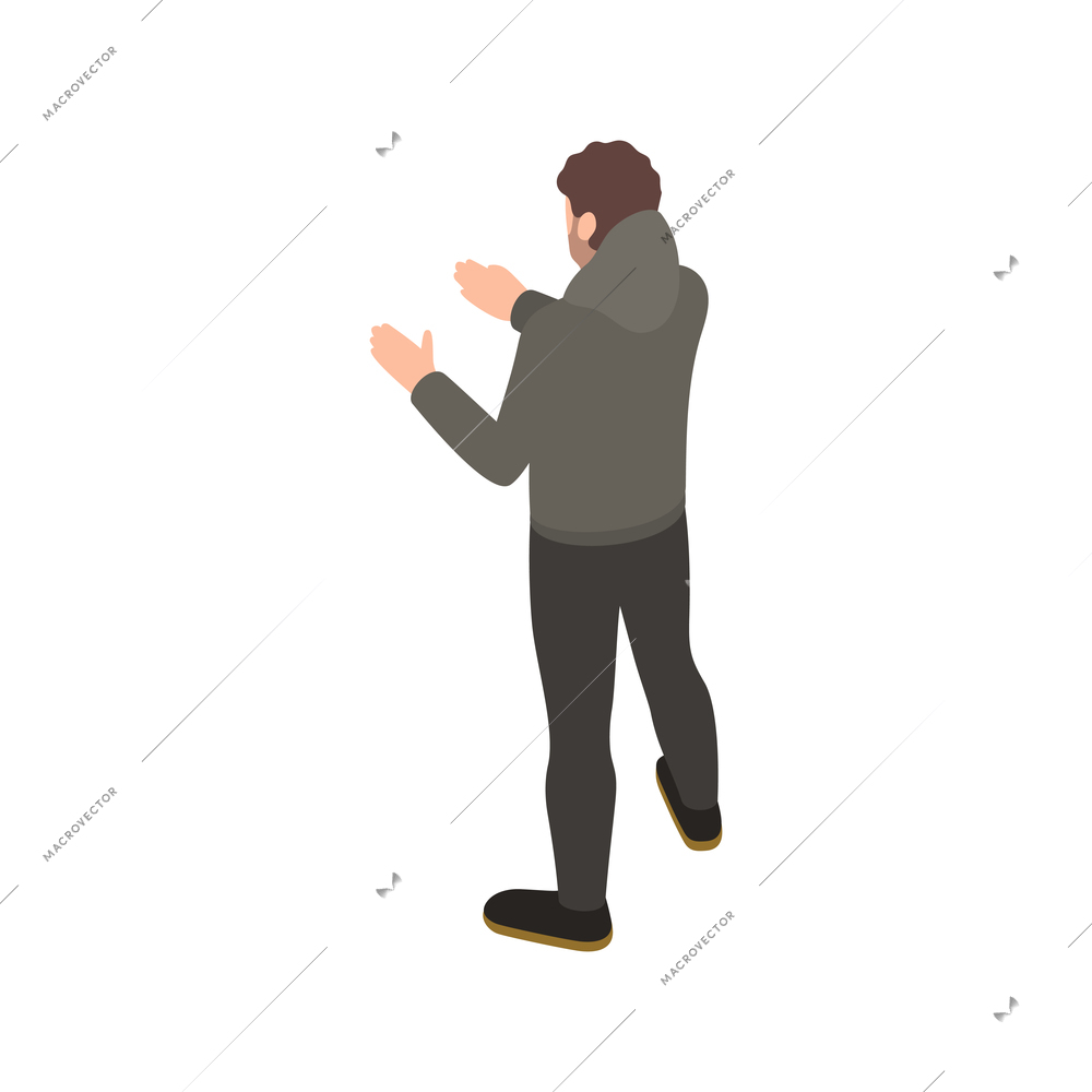 Isometric icon with poor homeless man back view on white background vector illustration