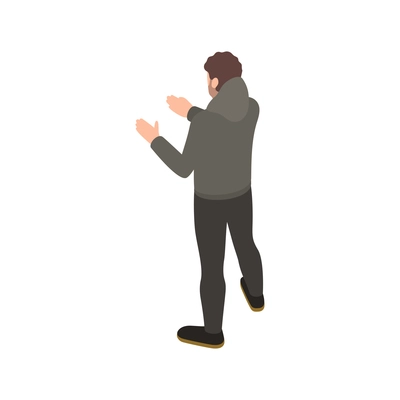 Isometric icon with poor homeless man back view on white background vector illustration