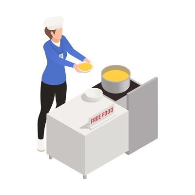 Charity isometric icon with woman offering free food for homeless people vector illustration