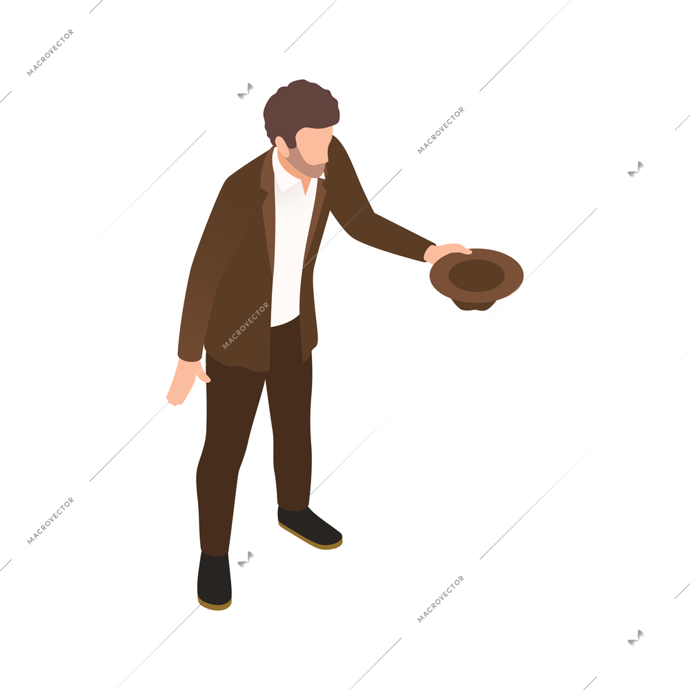 Poor man with hat asking for money isometric vector illustration