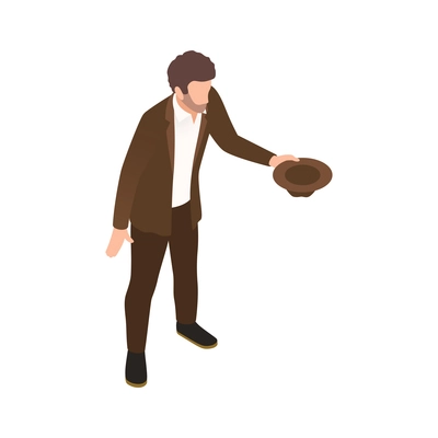 Poor man with hat asking for money isometric vector illustration