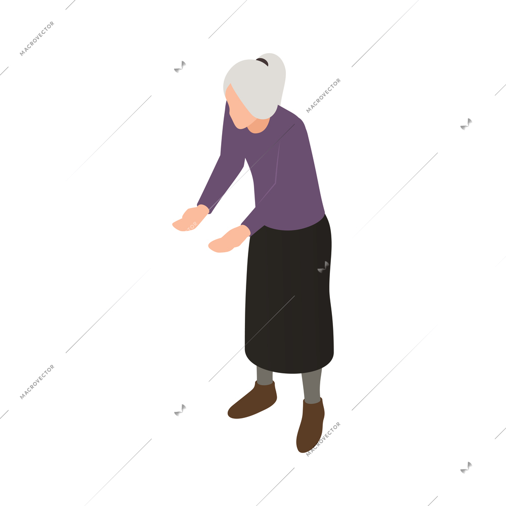 Isometric character of poor elderly woman begging for money vector illustration
