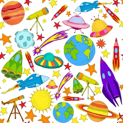 Space and astronomy planets and rockets hand drawn colored seamless pattern vector illustration