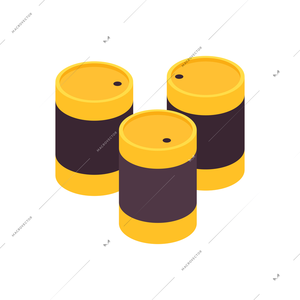 Three isometric yellow and black metal barrels on white background 3d vector illustration