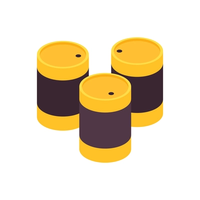 Three isometric yellow and black metal barrels on white background 3d vector illustration