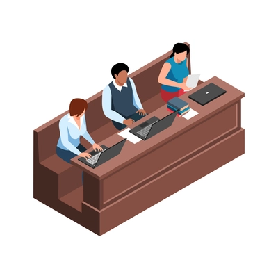 Isometric icon with three students at lecture hall on white background 3d vector illustration