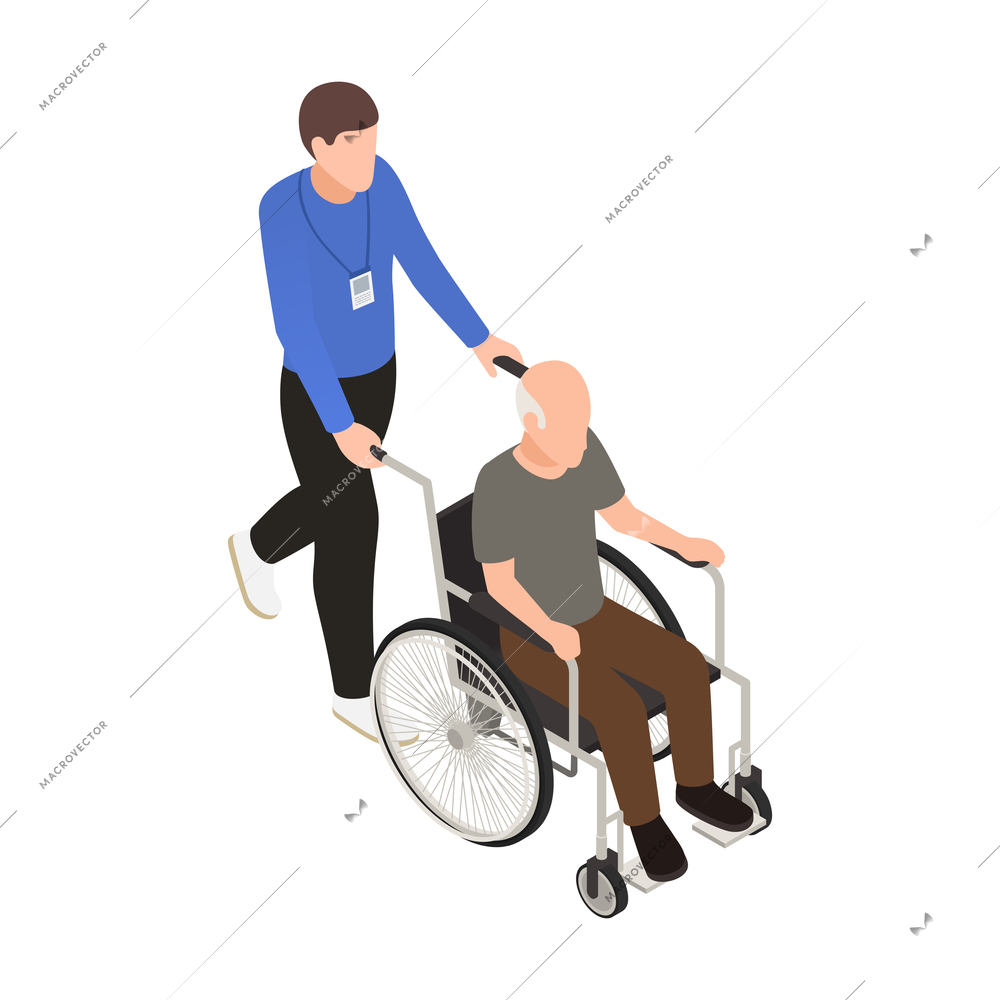 Isometric charity icon with volunteer helping elderly man in wheelchair vector illustration